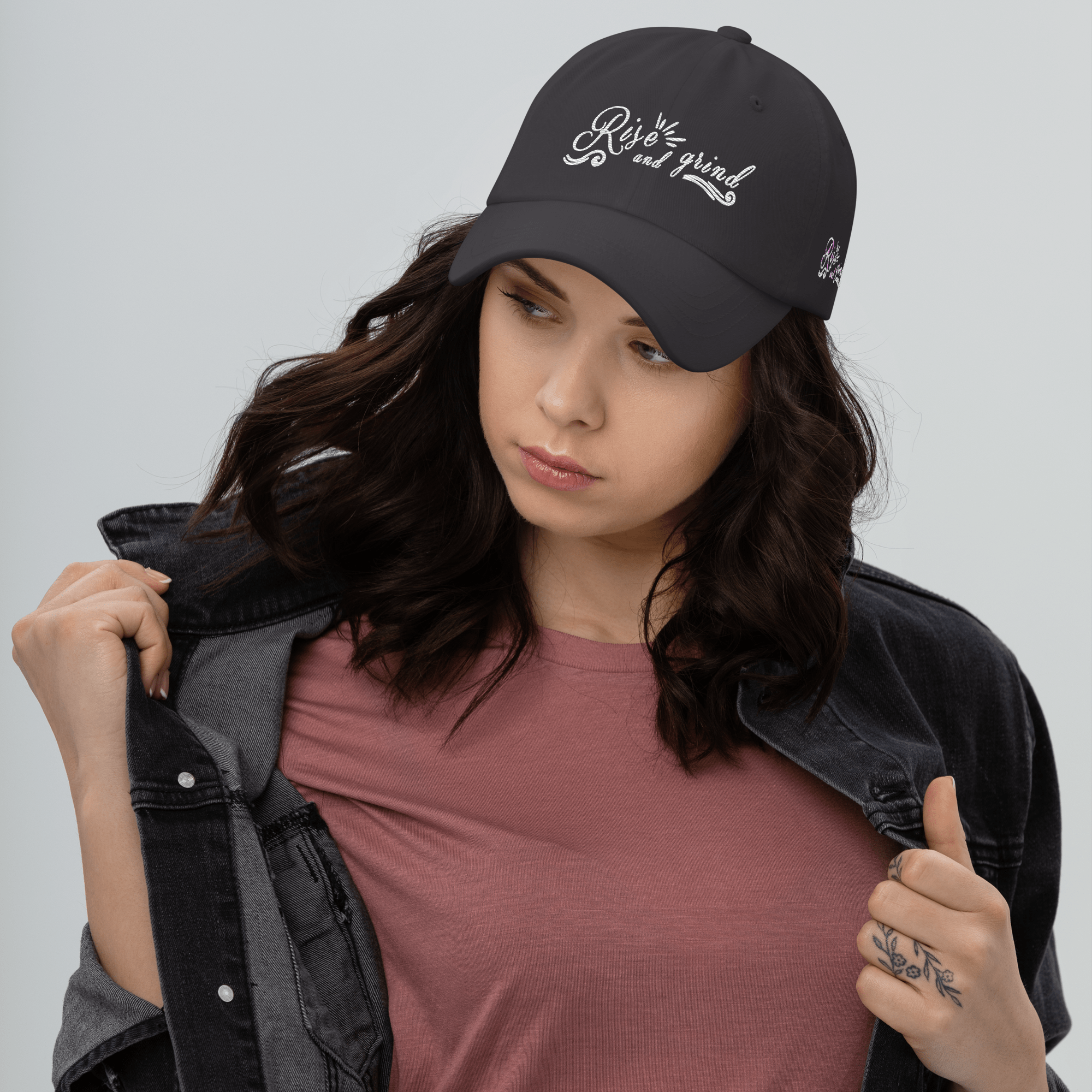 Absolutestacker2 Hats Dark Grey Rise and grind dad hat